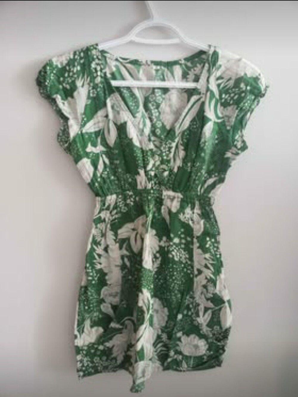 Green Floral V-Neck Mini Dress with Elastic Waist